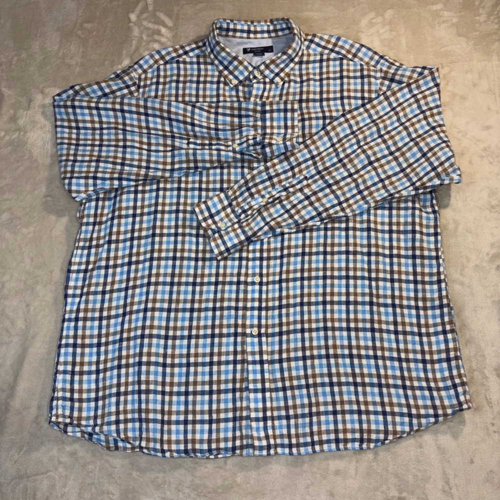 Cremieux Classics Mens XXL Blue Brown Plaid 100% Linen Long Sleeve Button Down